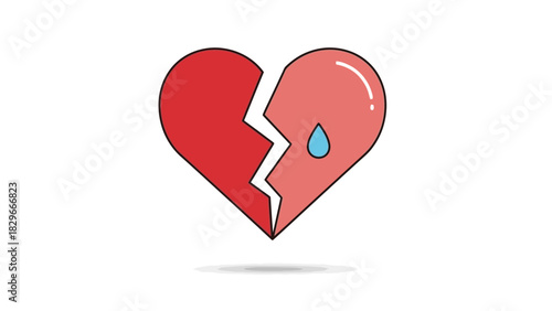 A cartoon illustration of a broken heart, split down the middle, with one side red and the other light pink featuring a blue teardrop, symbolizing sadness and emotional pain.