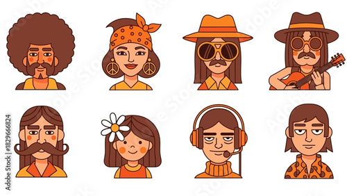 Eight cartoon avatars of diverse people with a 70s hippie aesthetic, featuring various hairstyles, accessories, and facial hair.
