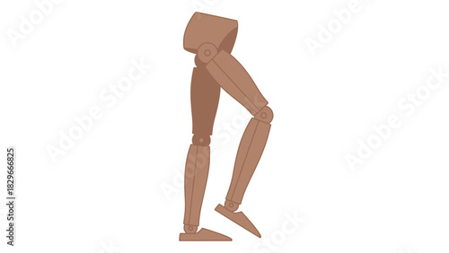 Wooden mannequin legs in a walking pose, illustrating human anatomy and movement.