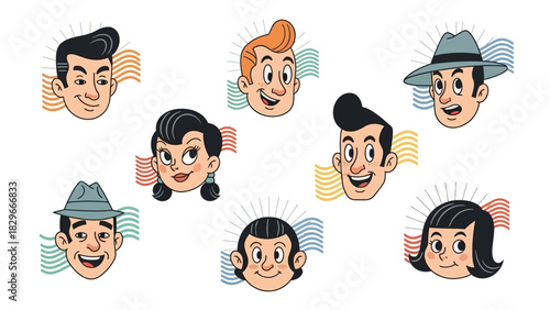 A collection of diverse cartoon faces in a retro mid-century style, featuring various hairstyles and expressions.