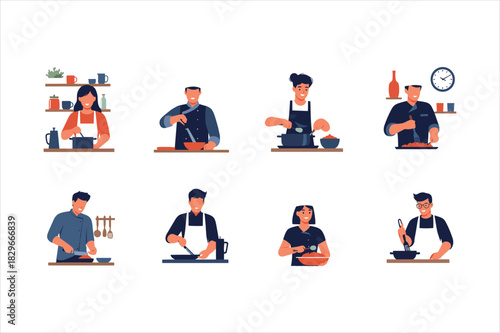 Set of diverse people cooking food in kitchen