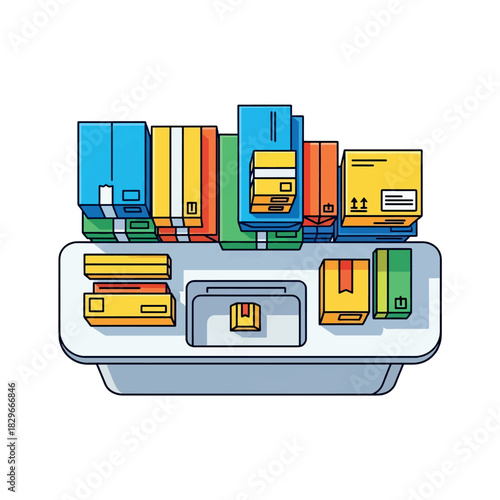 Colorful books stacked on a filing cabinet with drawers