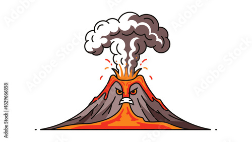 A cartoon illustration of an angry volcano erupting with lava flowing down its sides and a large plume of smoke.