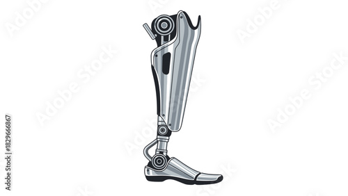Advanced metallic robotic prosthetic leg with detailed mechanical joints and futuristic design.