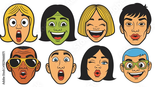 Eight diverse cartoon faces showing various human emotions and expressions like surprise, happiness, laughter, and winking.