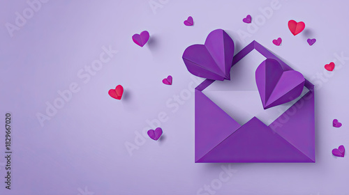 3D paper art of a flat style envelope with pink and purple hearts flying out on a light lavender background, perfect for romantic Valentine’s Day greeting card or wedding invitation design.