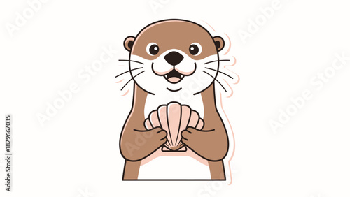 Cute cartoon otter holding a seashell with a happy expression on a white background.