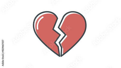 A simple illustration of a red heart broken in two pieces, symbolizing sadness, heartbreak, or a broken relationship.