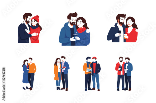 Set of couple illustration icons in winter clothing