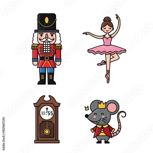 Cartoon illustrations of Nutcracker soldier, ballerina, grandfather clock, and mouse king.