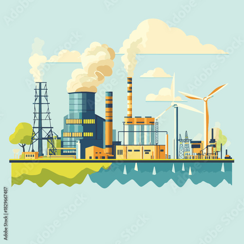 Vector illustration of wind turbines, oil rigs, and power plants representing the energy industry , vector style simple color