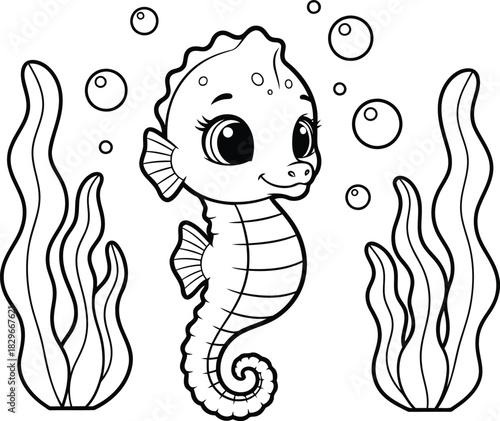 Cute cartoon seahorse vector illustration with outline design for kids underwater marine art fun joy
