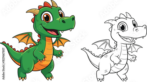Cute cartoon dragon vector illustration with colorful and outline versions for kids fantasy creature art
