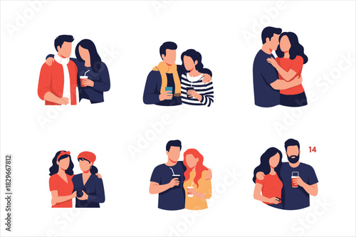 Set of couple illustration icons holding coffee cup