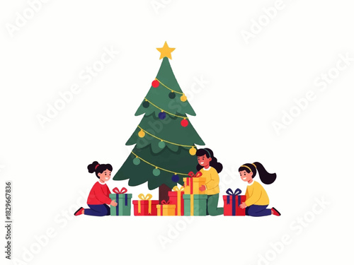 Three young girls are kneeling around a decorated Christmas tree with a star on top, surrounded by colorful wrapped presents.