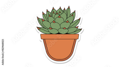 A charming cartoon illustration of a green succulent plant with red tips, nestled in a terracotta pot, presented as a sticker.