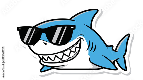 A cool blue cartoon shark wearing black sunglasses and smiling with sharp teeth, depicted as a fun sticker.