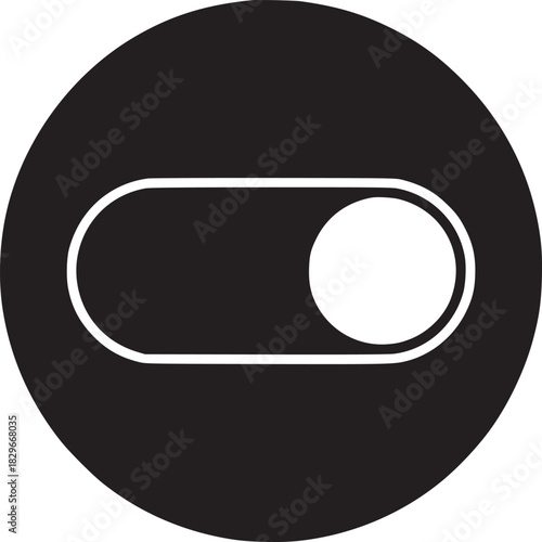 A toggle switch icon in a black circle against a white background showing the on position clearly visible