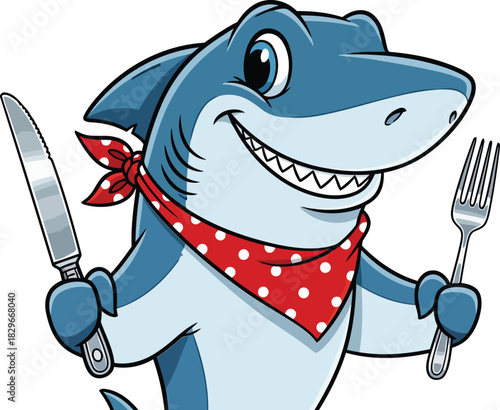 Cartoon vector shark character holding knife and fork with funny smile for kids design illustrations
