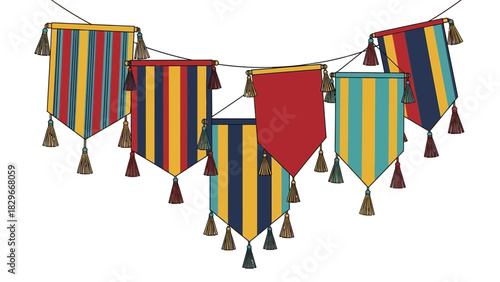 A colorful string of decorative fabric banners with tassels, featuring various striped and solid patterns.