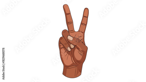 A cartoon illustration of a dark-skinned hand making a peace or victory sign with two fingers raised against a white background.