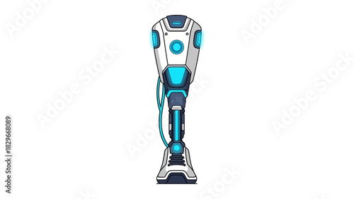 Futuristic robotic prosthetic leg with glowing blue accents and sleek design, representing advanced bionic technology.
