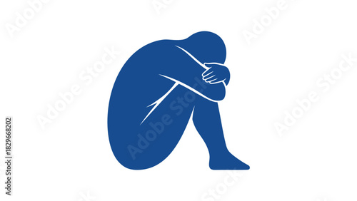 A blue silhouette of a person curled up in a fetal position, hugging their knees, on a white background, depicting sadness or vulnerability.