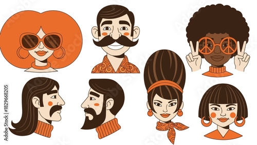 Retro 60s and 70s cartoon character portraits with diverse hairstyles and facial features.