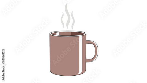 A brown ceramic mug filled with a hot beverage, with steam rising from its surface, on a white background.
