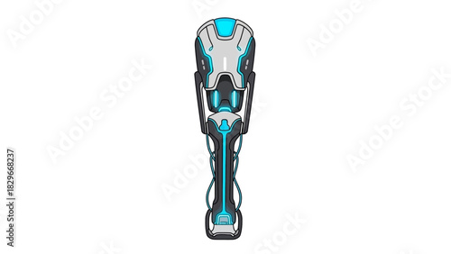 Futuristic robotic prosthetic leg with sleek design and blue accents on a white background.