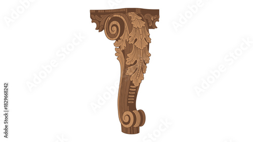 Ornate carved wooden corbel with acanthus leaf and scrollwork design, a decorative architectural element.