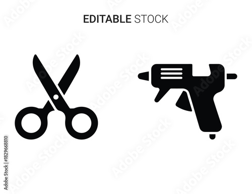 Beautiful silhouette vector of black silhouette icon set of scissors and hot glue gun isolated on