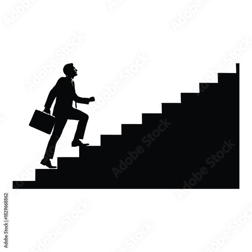 A businessman silhouette is walking up the stairs, symbolizing career advancement and success isolated on white background