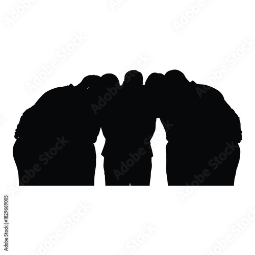 Silhouette of a group of people huddled together, isolated on white background, symbolizing teamwork, unity, and collaboration in a business or sports setting