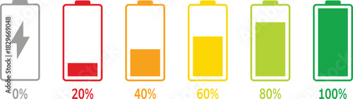 Battery level indicators. Colorful battery charge level icons. Battery power level pictograms in outline style. Vector
