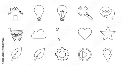 Collection of simple line art doodle icons including house, lightbulbs, and various common symbols.