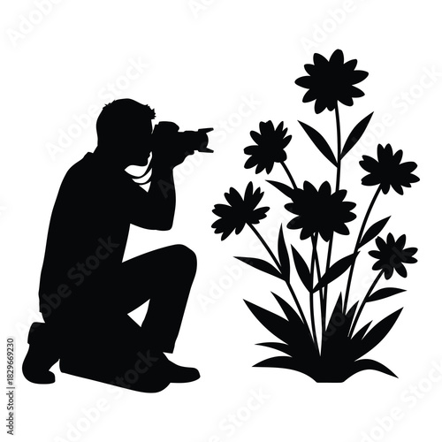 Silhouette of a photographer taking pictures of flowers, isolated on white background, capturing the beauty of nature with a camera in a minimalist style