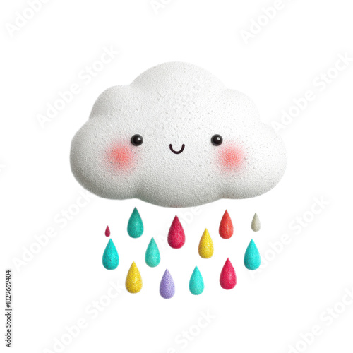 A cartoon cloud with a smiling face and raindrops falling from it