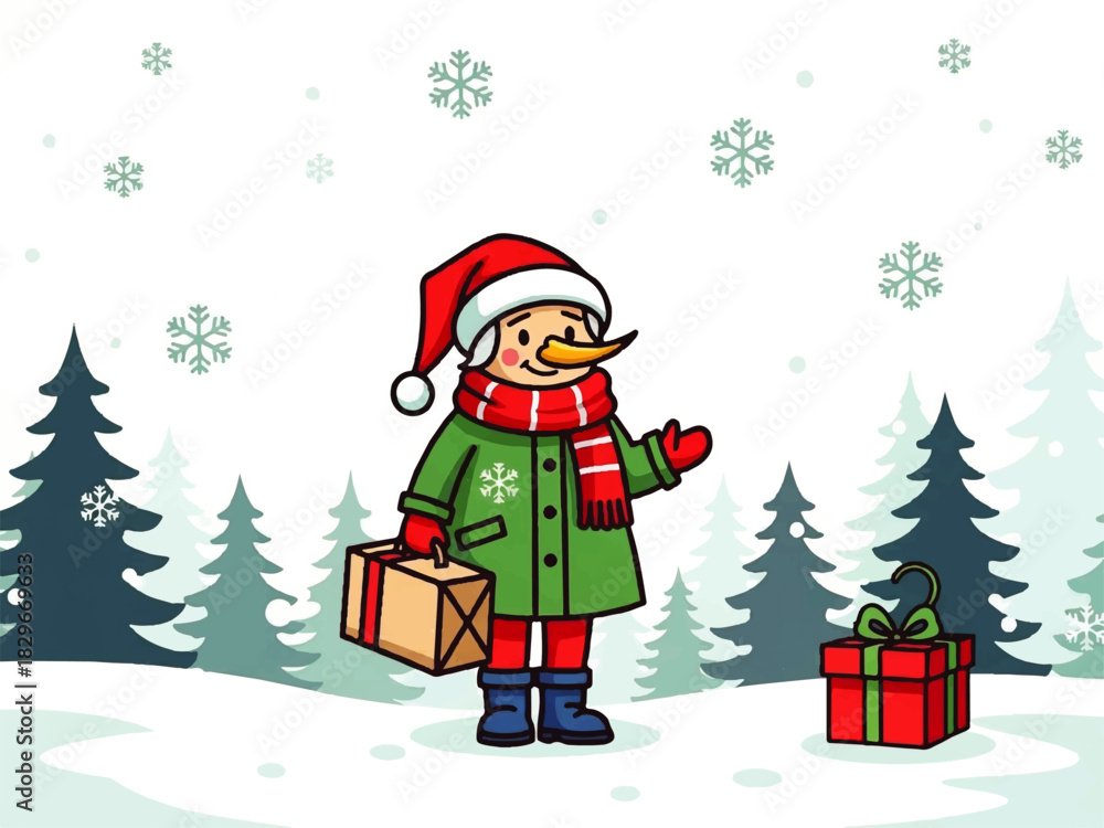 Fototapeta premium Cartoon illustration of a child wearing winter clothes, holding a gift, standing in a snowy forest with snowflakes falling.