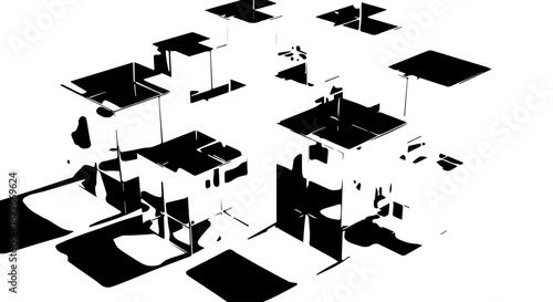 Abstract black and white graduation caps scattered in a geometric composition.