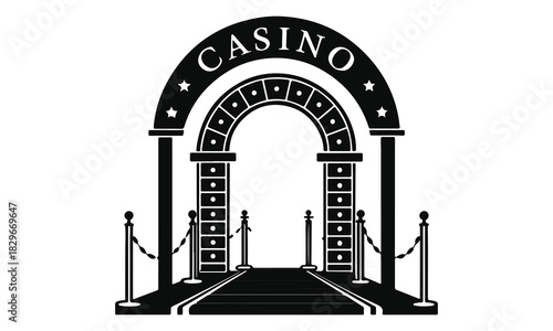 Casino entrance archway with red carpet and velvet ropes, inviting gambling and thrill
