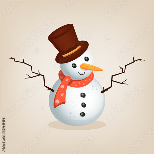 Vector illustration A snowman made from snow has a brown top hat, an orange carrot nose, and a red scarf. Its stick arms are outstretched, bringing a sense of joy to the winter season.