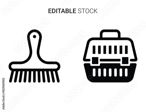 Beautiful silhouette vector of set of two pet care icons brush and animal carrier isolated on