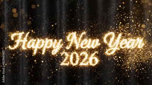 Glitter Trail Writing Happy New Year 2026 in Golden Script