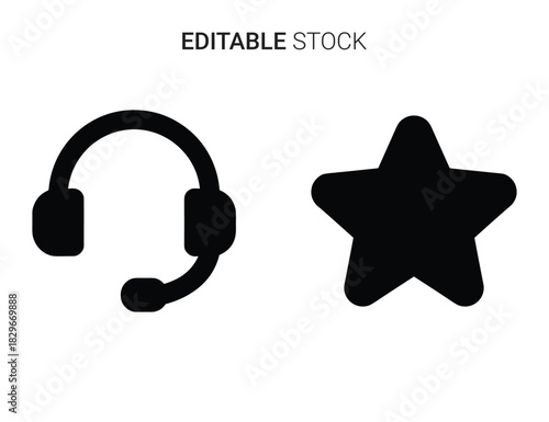 Beautiful silhouette vector of set of two black icons headset with microphone and star shape
