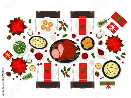 Top-down view of a festive Christmas dinner table setting with a roasted ham, side dishes, poinsettias, gifts, and candles arranged on a white tablecloth.