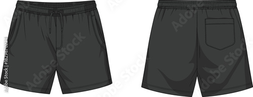 Unisex athletic shorts front and back vector illustration with elastic waistband, drawstring and pockets, clean blank sportswear apparel mockup template