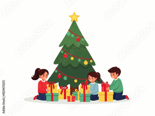 Three children, a girl and two boys, are kneeling around a decorated Christmas tree, surrounded by wrapped gifts.