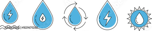 Water energy icons, hydroelectric power, solar water system, recycling droplet, sustainable energy, eco water, renewable source, environmental conservation, clean technology, green utility