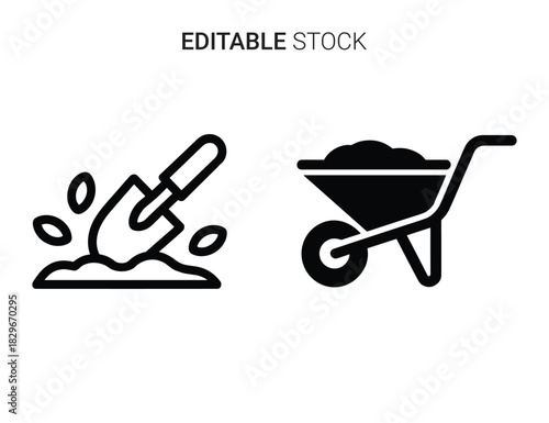 Beautiful silhouette vector of set of two gardening icons shovel digging and wheelbarrow with soil